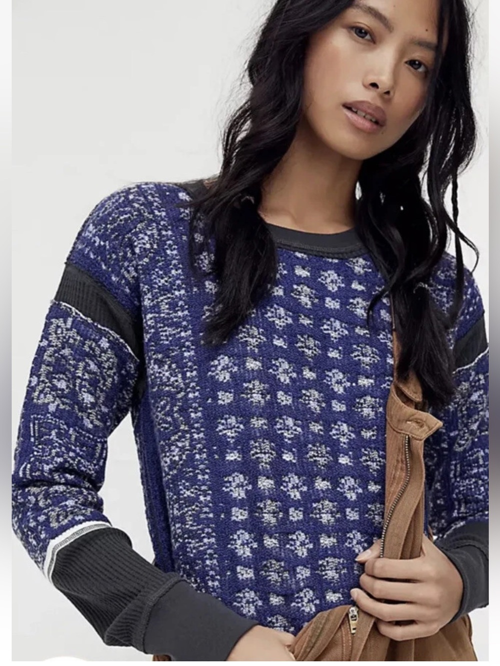 Free People Blue Mixed Print Crew Neck Thermal Pullover Sweater Size M